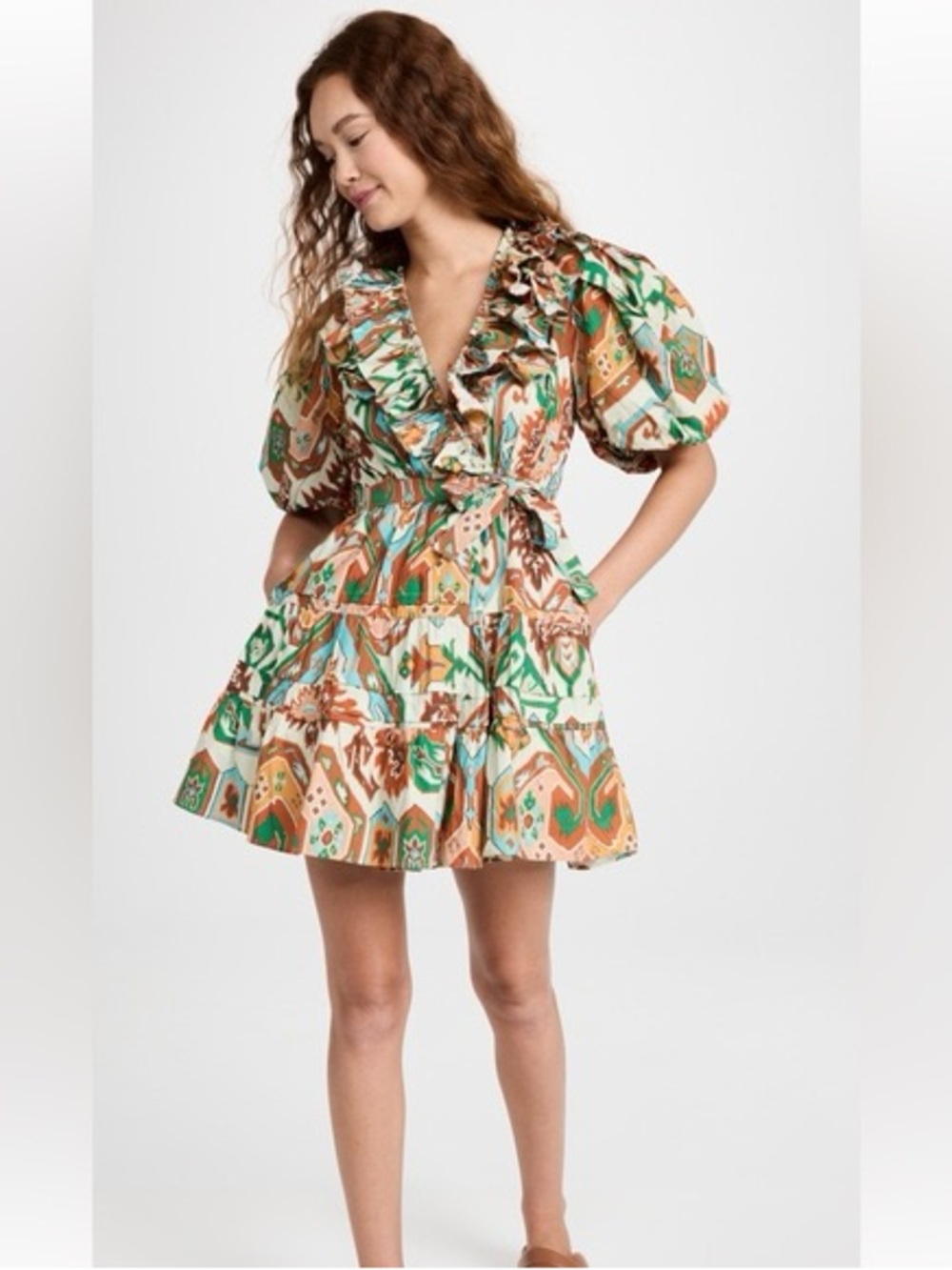 Love the Label Tiered Ruffle Mini Dress in Multi Green & Tan